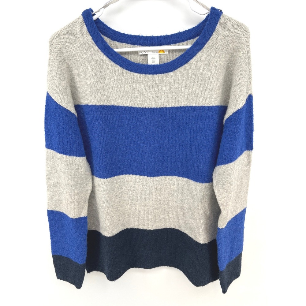 C&C California Women L Colorblock Sweater Blue Grey Striped Wool Blend Nautical